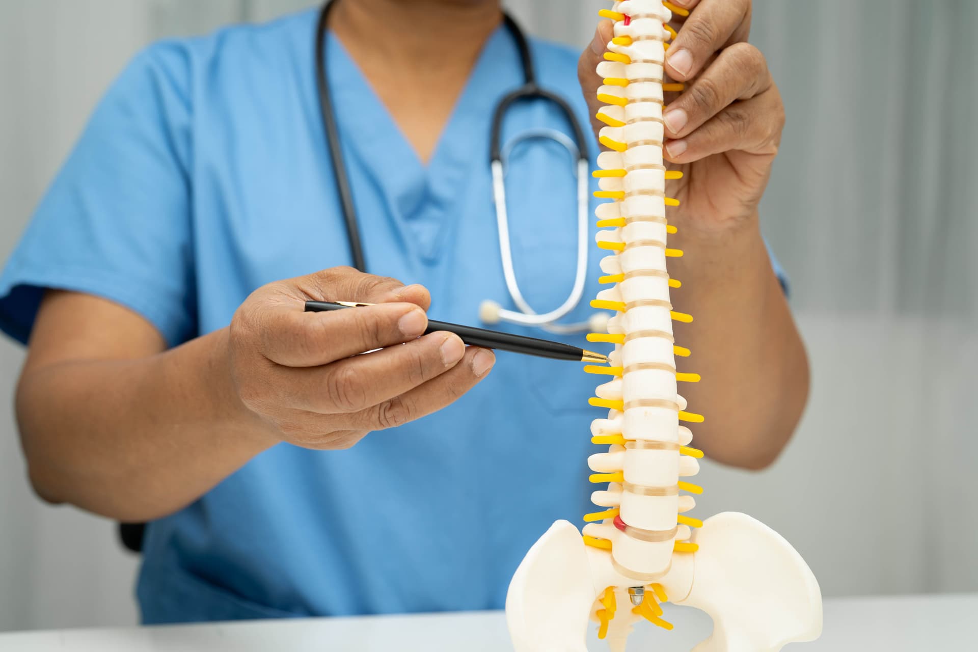 Healthcare professional in blue scrubs holding a model of a human spine and pointing to a specific vertebra with a pen, with a stethoscope visible around their neck.