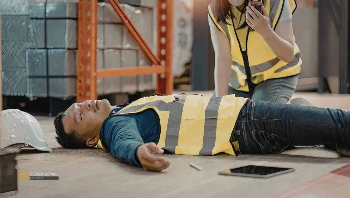 Injured construction worker lying unconscious on a warehouse floor after a workplace accident, with a coworker calling for emergency help nearby