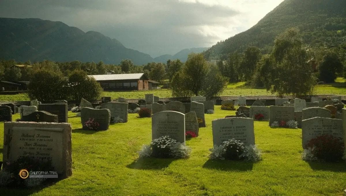 Burial site with memorial headstones symbolizing wrongful death case